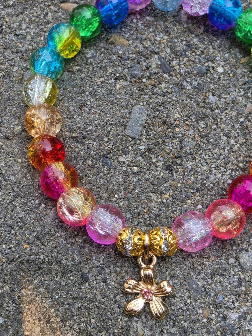 Rainbow Crackle Glass Bead Stretch Bracelet with Flower Charm